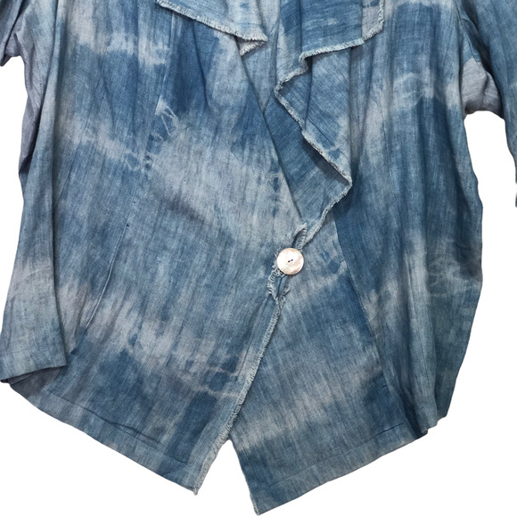 Catherine Bacon Sz L Indigo Shibori Dyed Jacket MOP Button Lagenlook 100% Linen - Picture 4 of 8